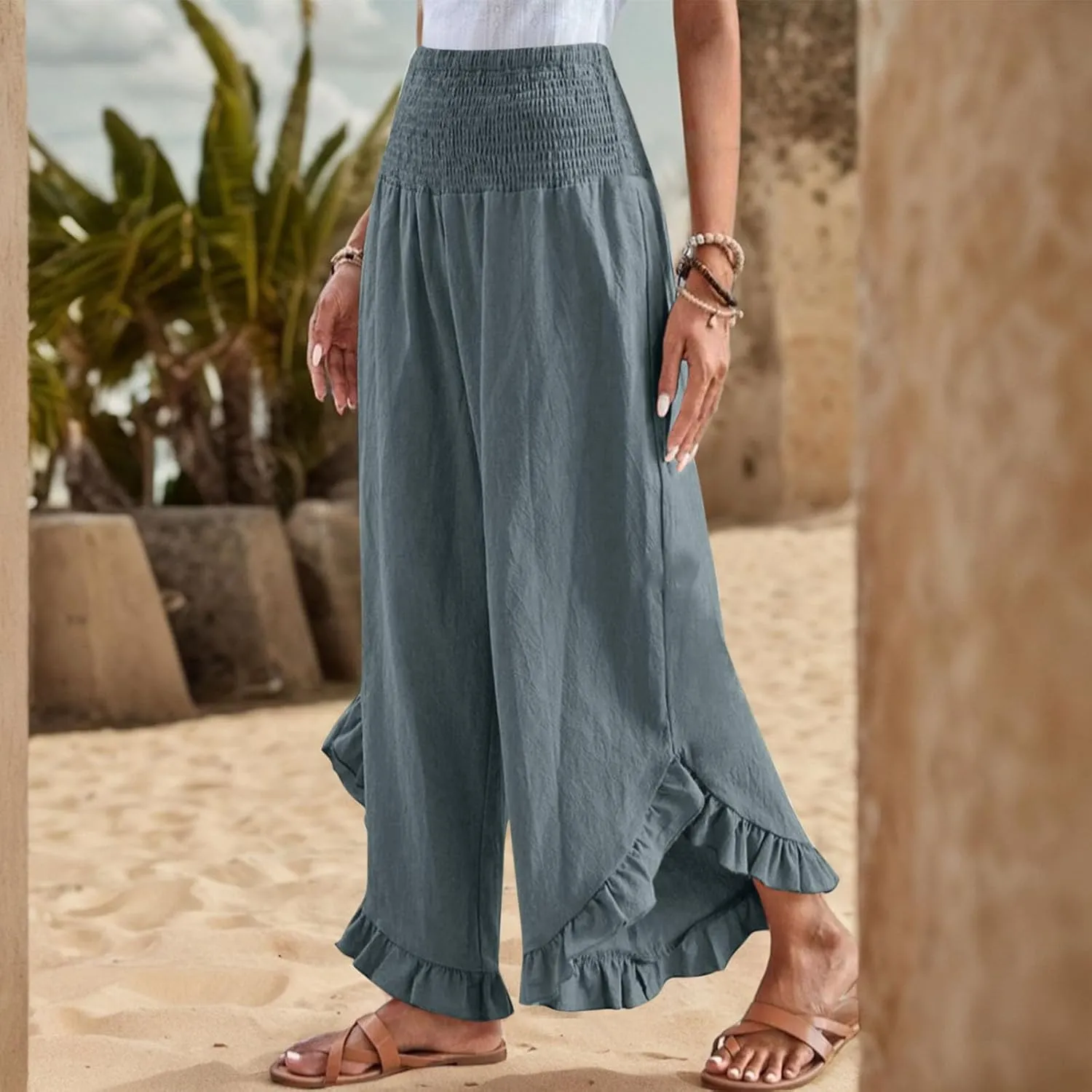 Women Linen Pants Summer Wide Leg Pants Smocked Waist Ruffle Hem Palazzo Pant Boho Flowy Beach Pant with Pocket