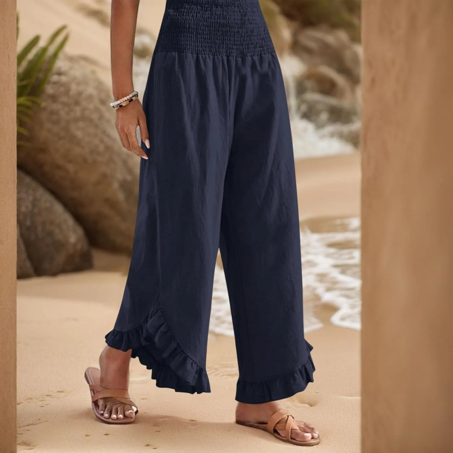 Women Linen Pants Summer Wide Leg Pants Smocked Waist Ruffle Hem Palazzo Pant Boho Flowy Beach Pant with Pocket