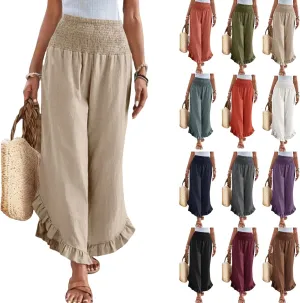 Women Linen Pants Summer Wide Leg Pants Smocked Waist Ruffle Hem Palazzo Pant Boho Flowy Beach Pant with Pocket