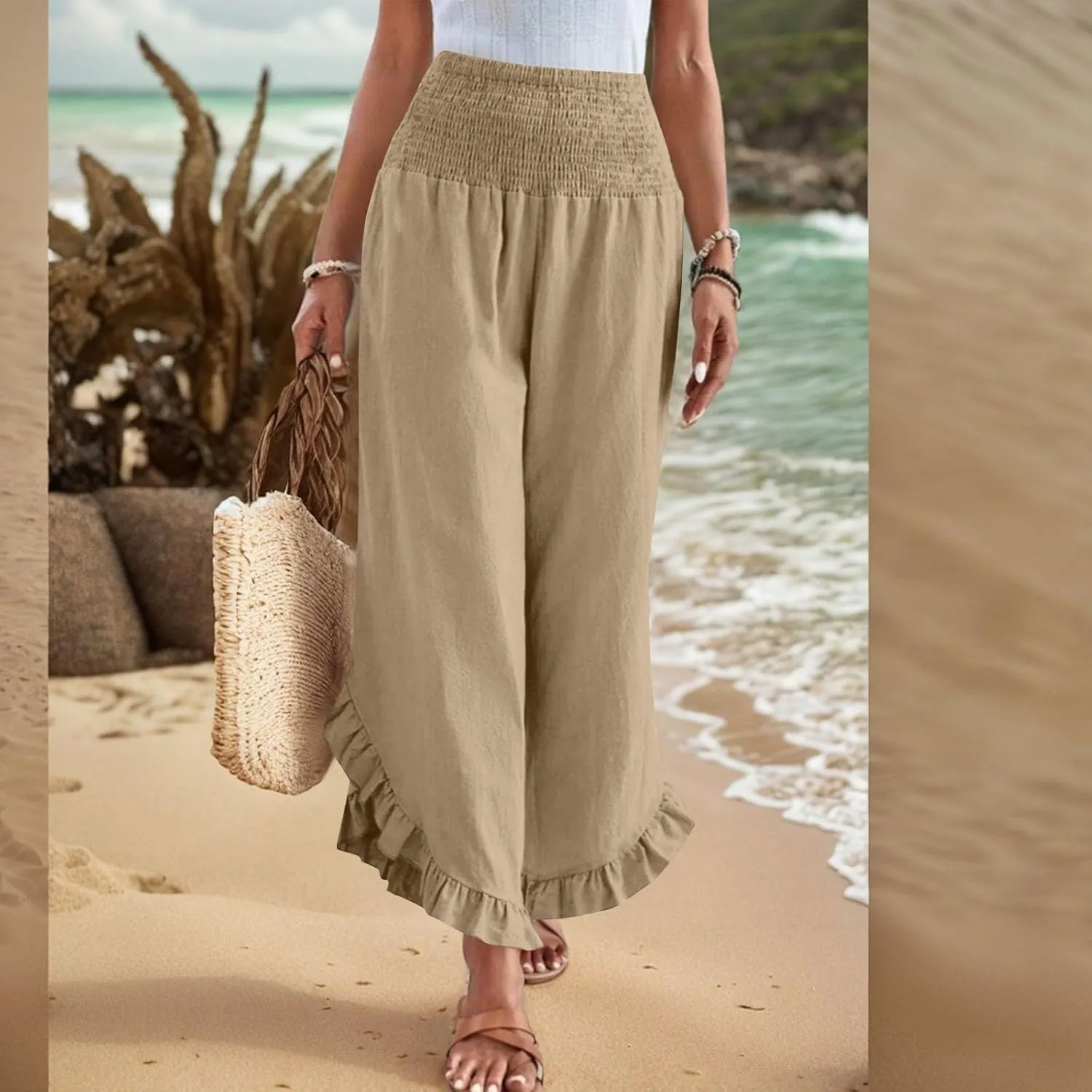 Women Linen Pants Summer Wide Leg Pants Smocked Waist Ruffle Hem Palazzo Pant Boho Flowy Beach Pant with Pocket