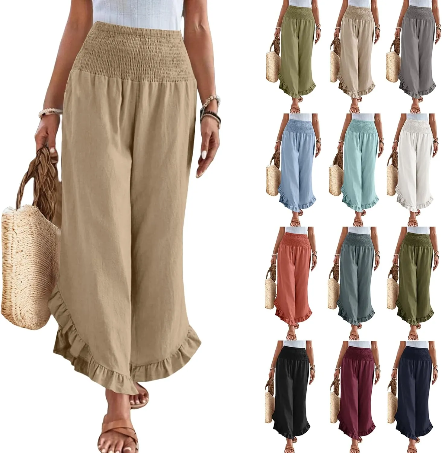 Women Linen Pants Summer Wide Leg Pants Smocked Waist Ruffle Hem Palazzo Pant Boho Flowy Beach Pant with Pocket