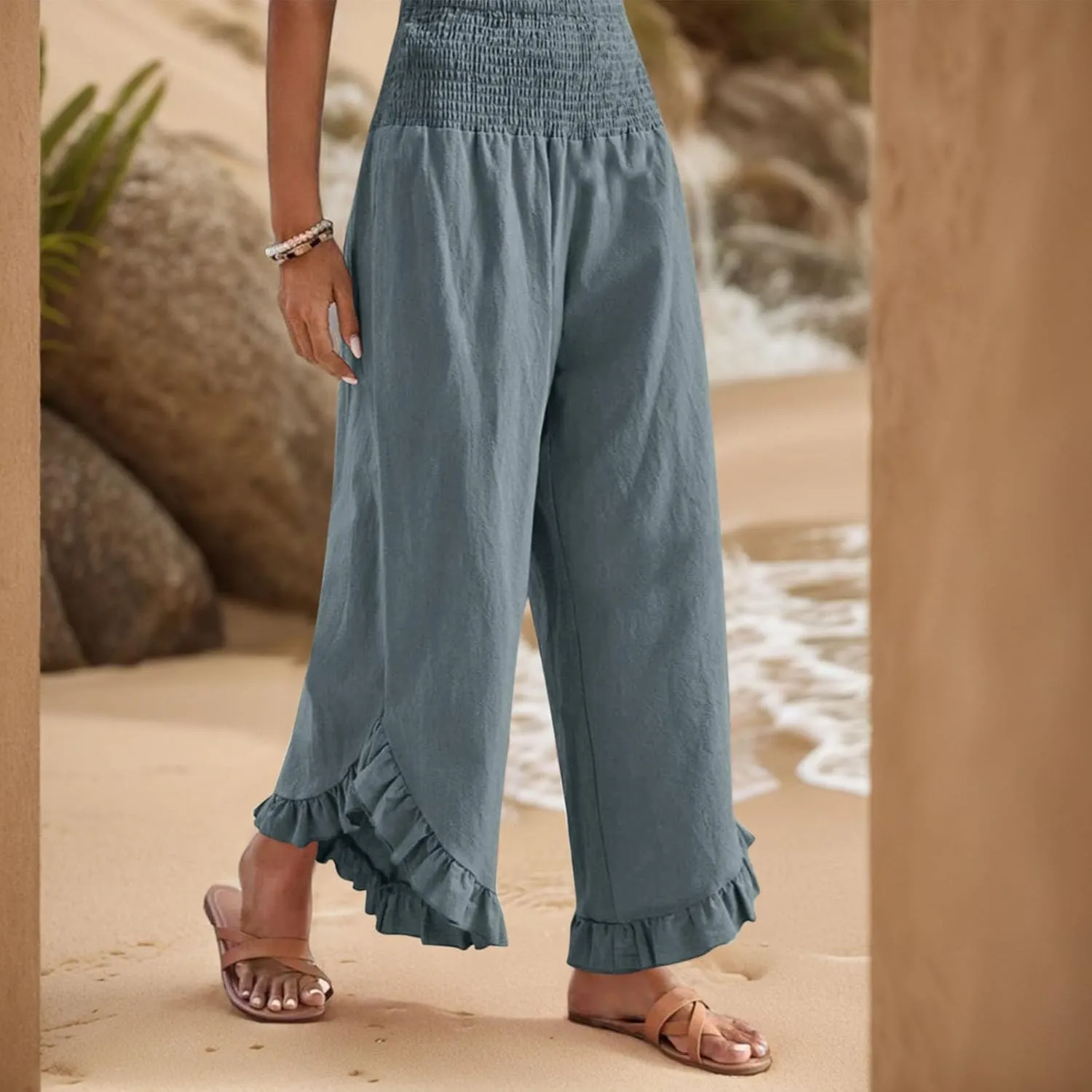 Women Linen Pants Summer Wide Leg Pants Smocked Waist Ruffle Hem Palazzo Pant Boho Flowy Beach Pant with Pocket