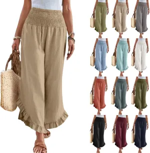 Women Linen Pants Summer Wide Leg Pants Smocked Waist Ruffle Hem Palazzo Pant Boho Flowy Beach Pant with Pocket
