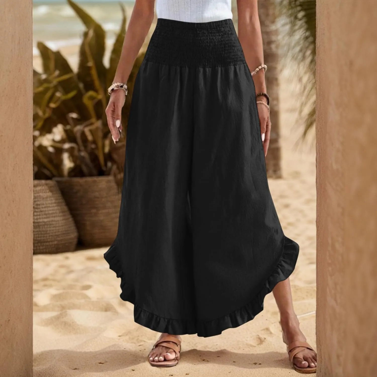Women Linen Pants Summer Wide Leg Pants Smocked Waist Ruffle Hem Palazzo Pant Boho Flowy Beach Pant with Pocket