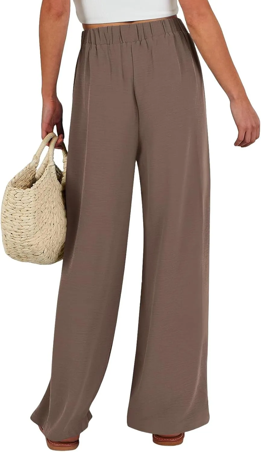 Women Pants Casual Elastic Waist Drawstring Sumemr Pants Straight Wide Leg High Waisted with Pockets Slacks Clothes