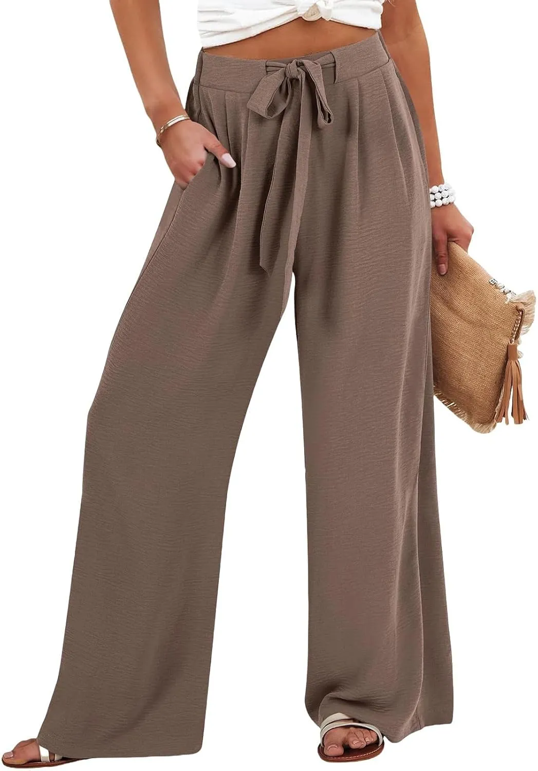 Women Pants Casual Elastic Waist Drawstring Sumemr Pants Straight Wide Leg High Waisted with Pockets Slacks Clothes
