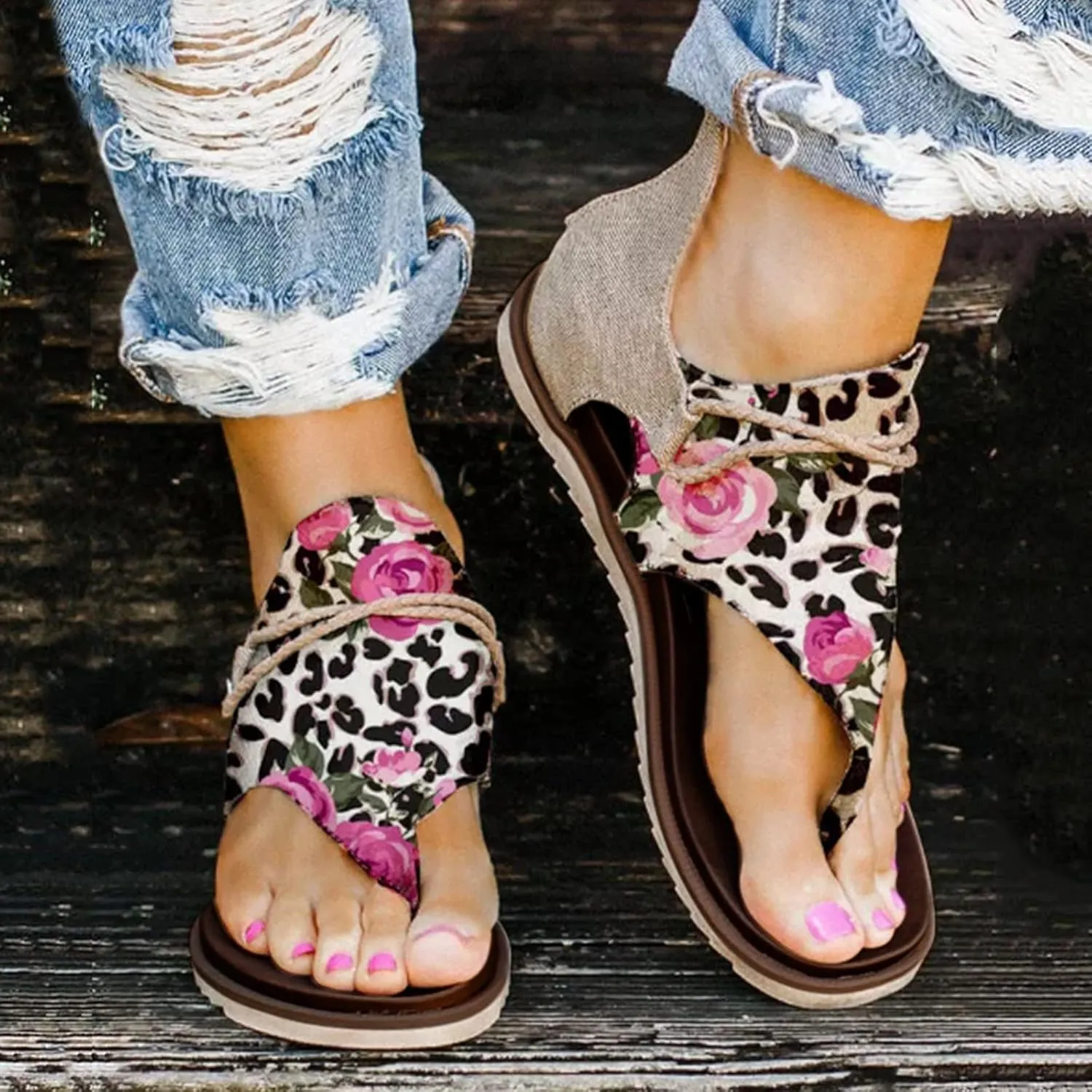 Women Sandals Flowers Summer Open Toe Flip Flops Beach Zipper Back Clip Toe Cutout Flats Slip On Dress Shoes