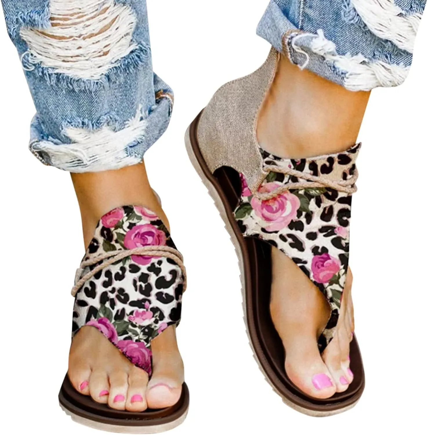 Women Sandals Flowers Summer Open Toe Flip Flops Beach Zipper Back Clip Toe Cutout Flats Slip On Dress Shoes