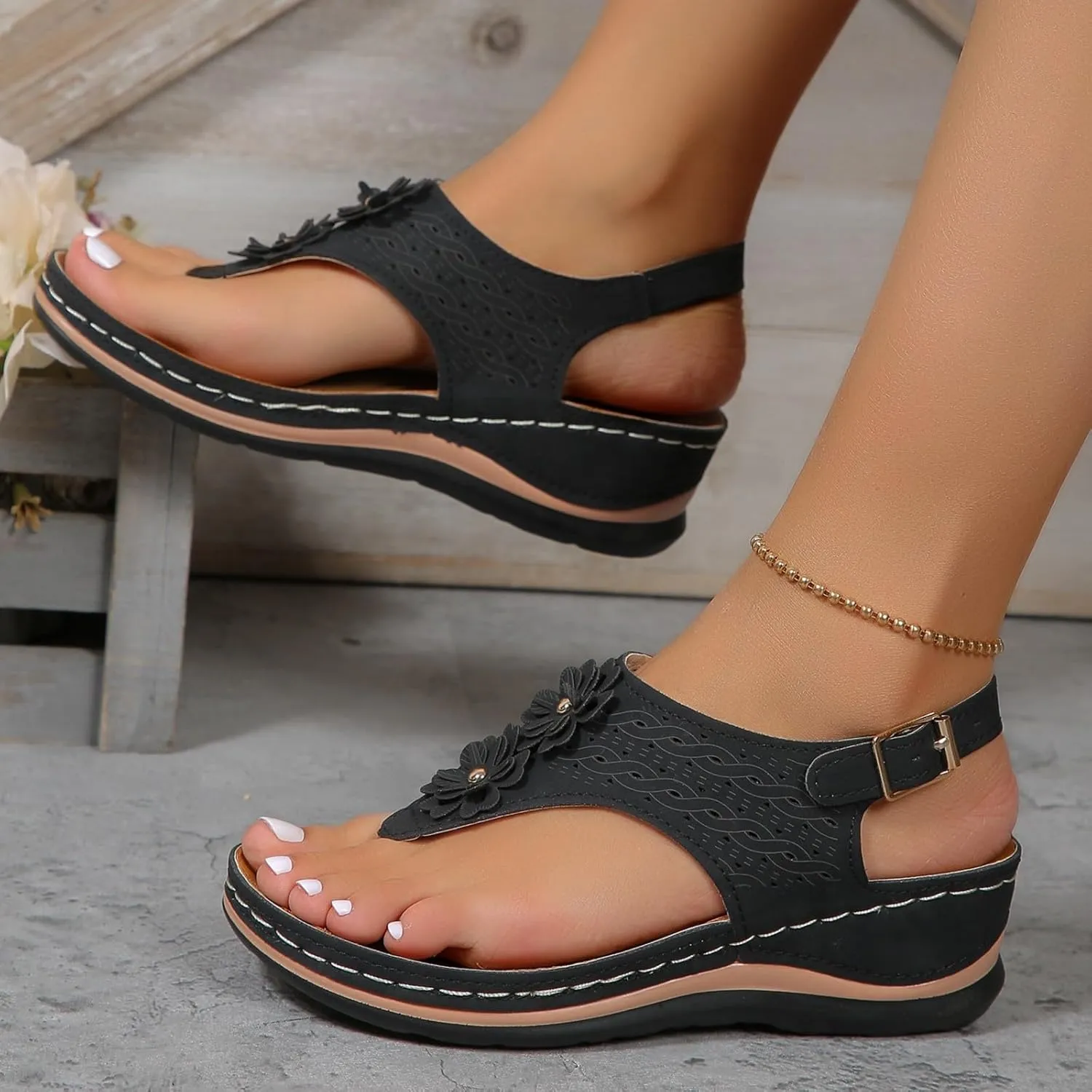 Women Sandals Thong T-Strap Orthotic Casual Flat Sandals Comfortable Mesh Hollow Summer Beach Shoes Flip Flops