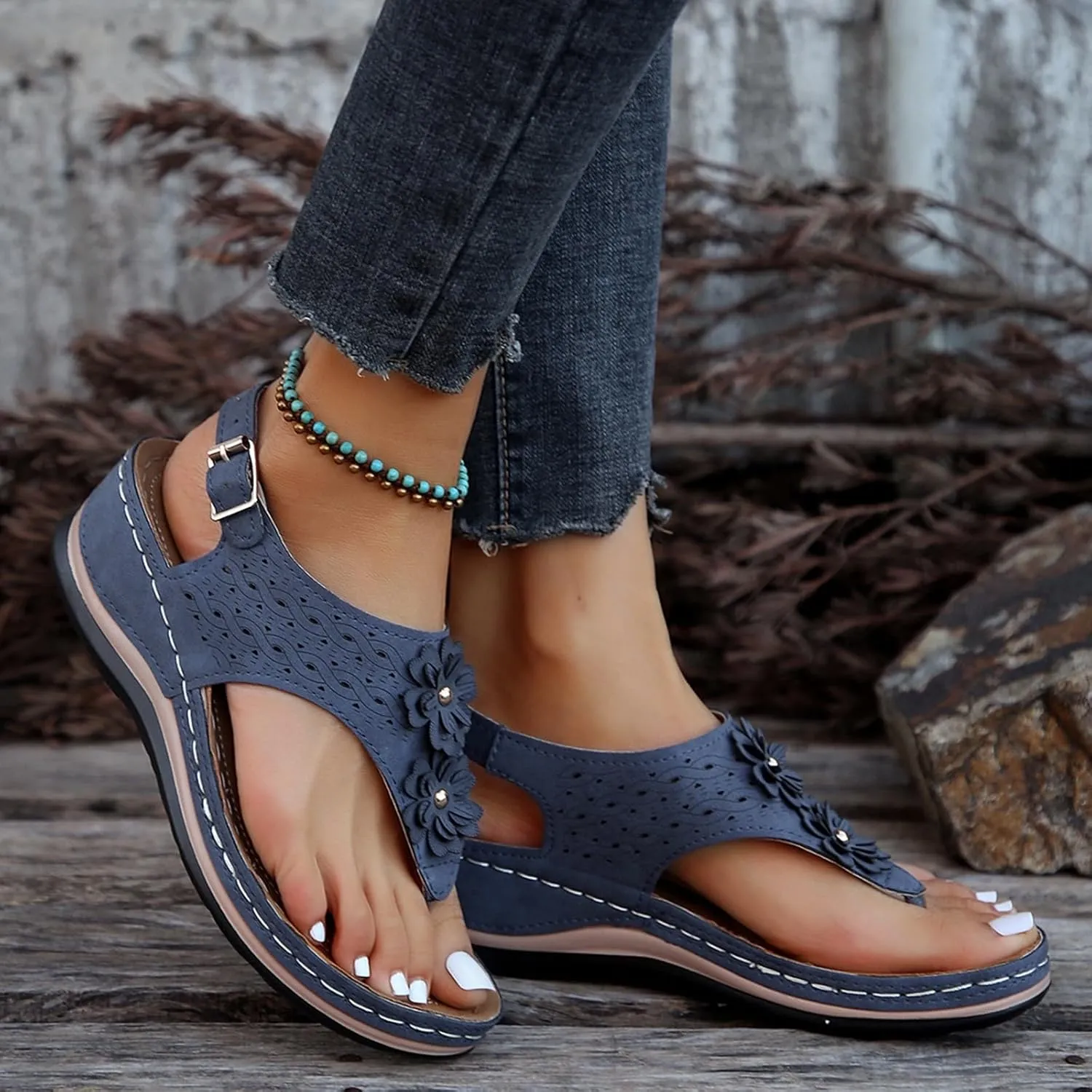 Women Sandals Thong T-Strap Orthotic Casual Flat Sandals Comfortable Mesh Hollow Summer Beach Shoes Flip Flops