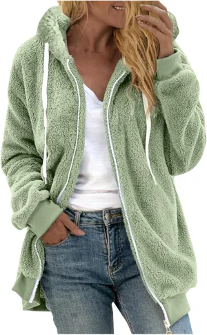 Women Sherpa Hoodie Lined Jackets Lamb Wool Padded Coat Faux Fur Shearling Fleece Full Zip Hoodies Outwear Tops