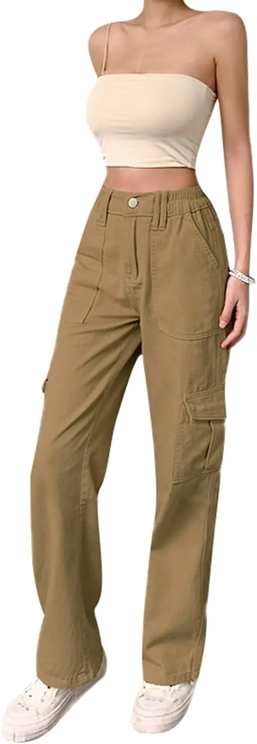 Women Solid Color Cargo Pants High Waist Straight-Leg Buckle Jeans Trousers Casual Outfits Streetwear