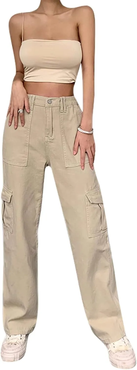 Women Solid Color Cargo Pants High Waist Straight-Leg Buckle Jeans Trousers Casual Outfits Streetwear