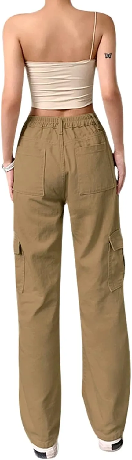 Women Solid Color Cargo Pants High Waist Straight-Leg Buckle Jeans Trousers Casual Outfits Streetwear