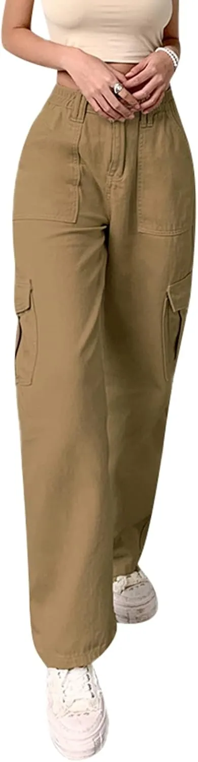 Women Solid Color Cargo Pants High Waist Straight-Leg Buckle Jeans Trousers Casual Outfits Streetwear