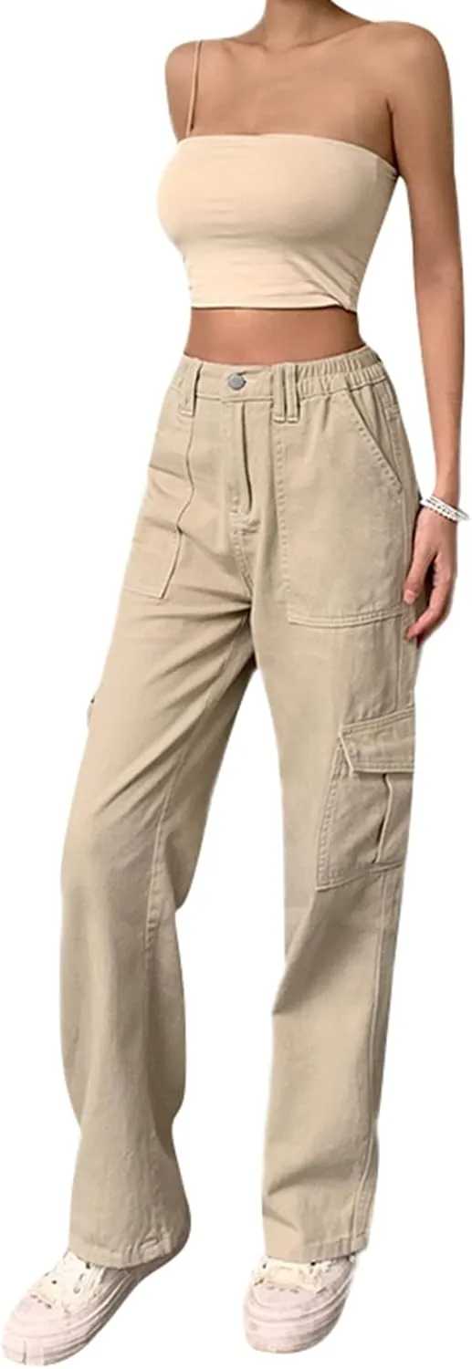 Women Solid Color Cargo Pants High Waist Straight-Leg Buckle Jeans Trousers Casual Outfits Streetwear
