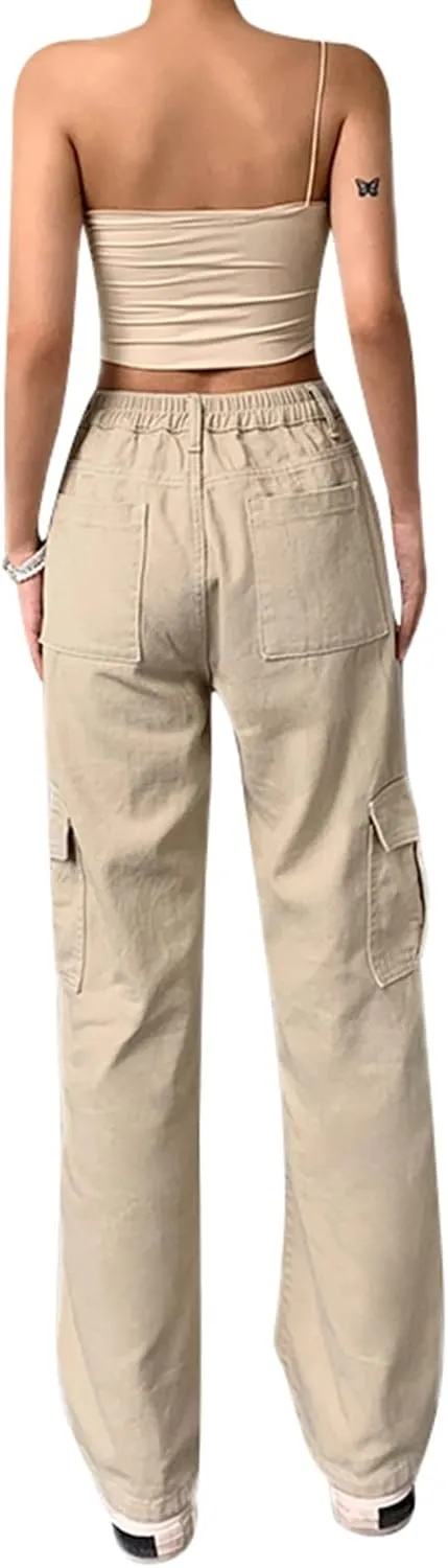 Women Solid Color Cargo Pants High Waist Straight-Leg Buckle Jeans Trousers Casual Outfits Streetwear