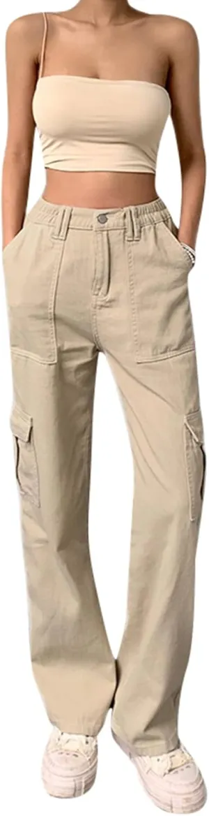Women Solid Color Cargo Pants High Waist Straight-Leg Buckle Jeans Trousers Casual Outfits Streetwear