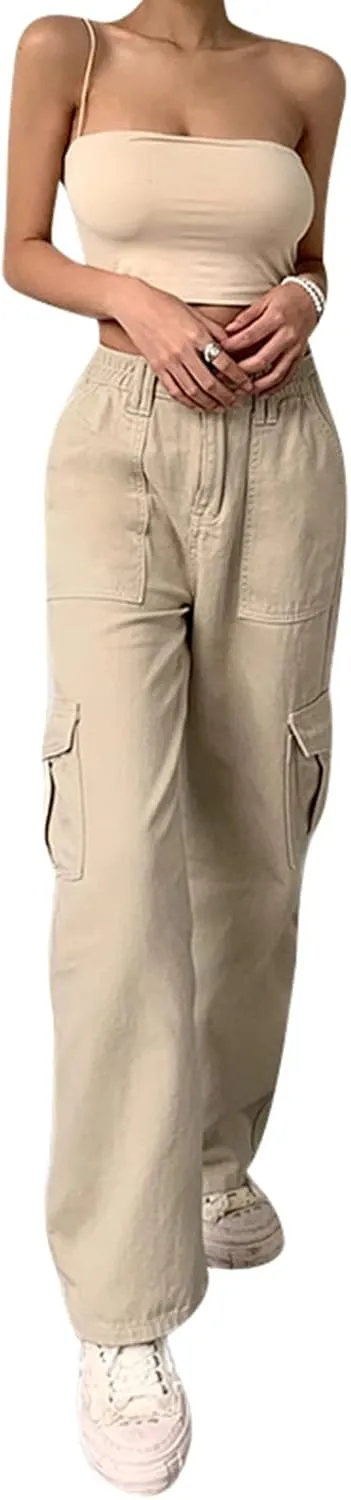 Women Solid Color Cargo Pants High Waist Straight-Leg Buckle Jeans Trousers Casual Outfits Streetwear