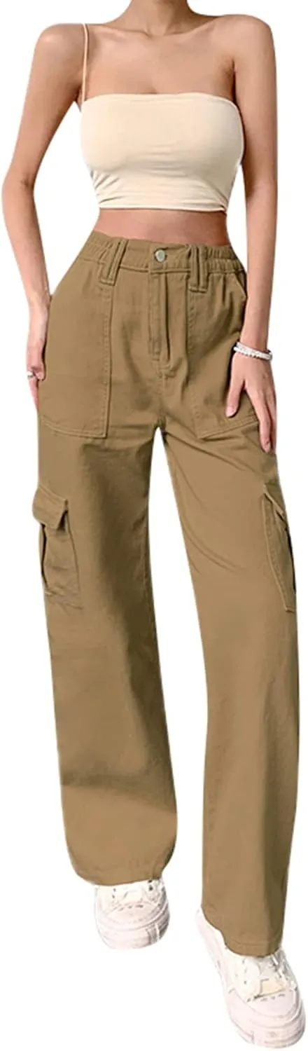Women Solid Color Cargo Pants High Waist Straight-Leg Buckle Jeans Trousers Casual Outfits Streetwear