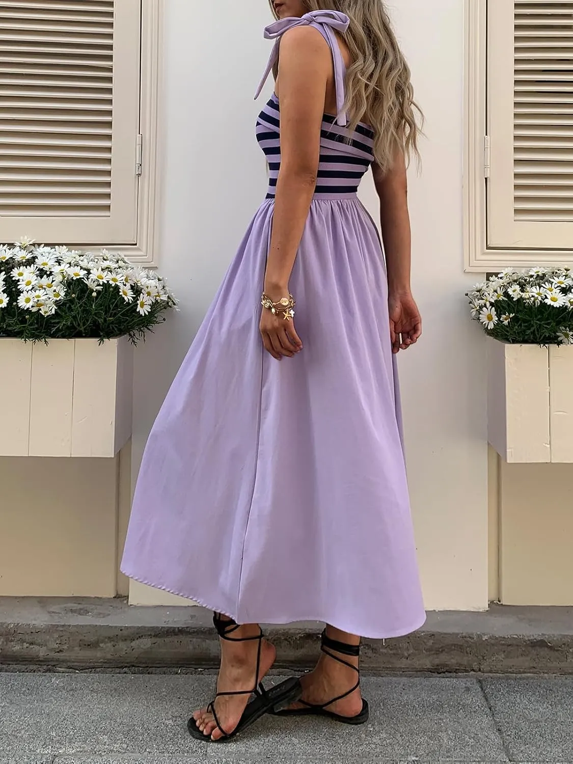 Women Summer Tie Spaghetti Strap Striped Dresses Sleeveless Stretch Flowy Maxi Sundress Beach Dress with Pockets