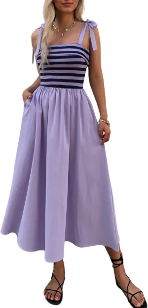 Women Summer Tie Spaghetti Strap Striped Dresses Sleeveless Stretch Flowy Maxi Sundress Beach Dress with Pockets