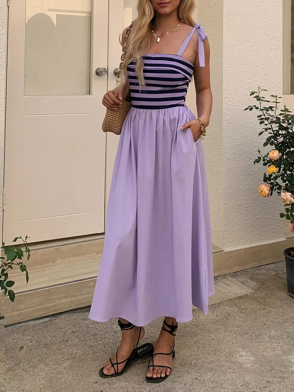 Women Summer Tie Spaghetti Strap Striped Dresses Sleeveless Stretch Flowy Maxi Sundress Beach Dress with Pockets