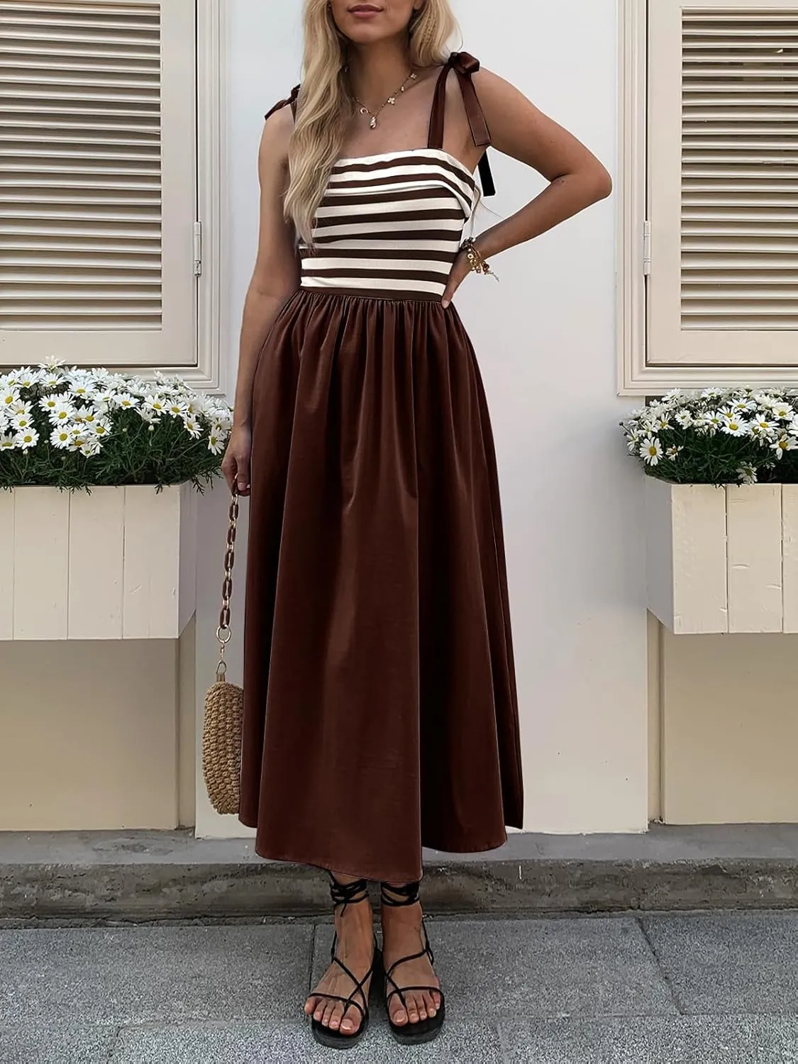 Women Summer Tie Spaghetti Strap Striped Dresses Sleeveless Stretch Flowy Maxi Sundress Beach Dress with Pockets