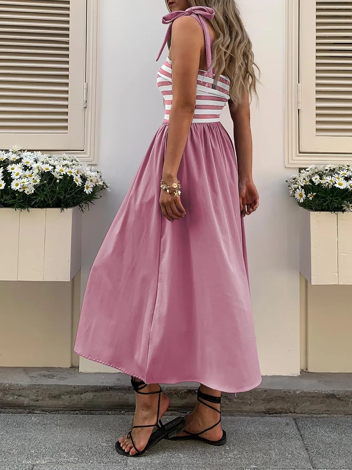 Women Summer Tie Spaghetti Strap Striped Dresses Sleeveless Stretch Flowy Maxi Sundress Beach Dress with Pockets