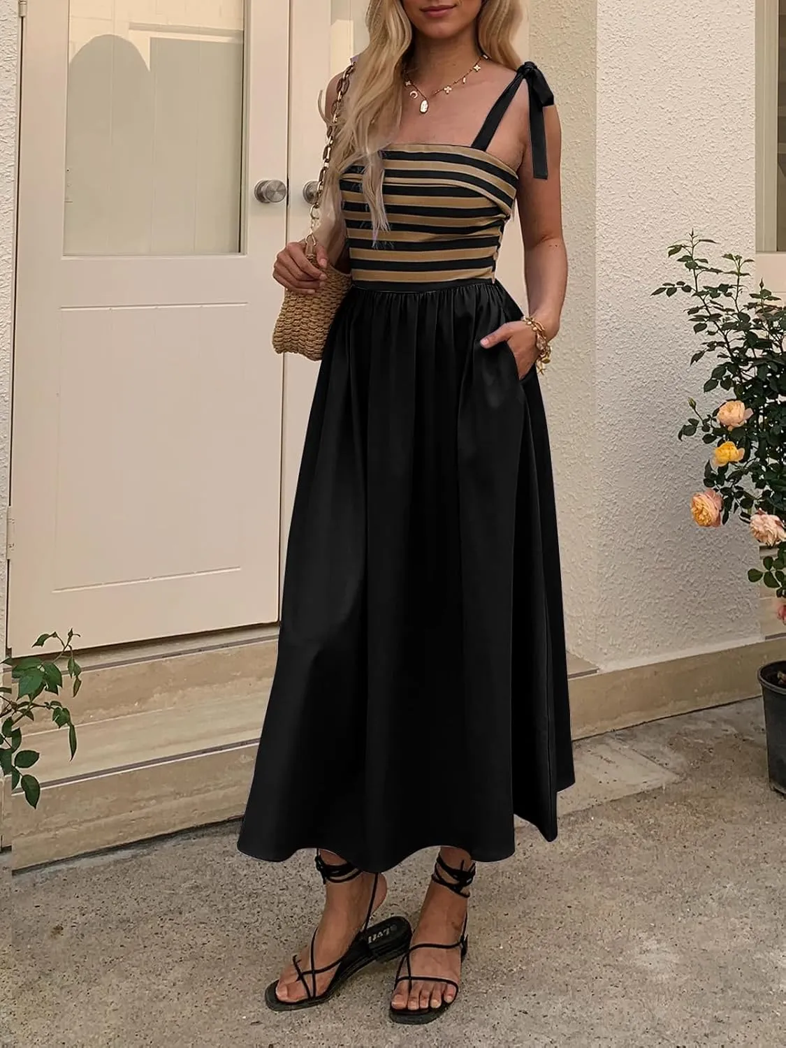 Women Summer Tie Spaghetti Strap Striped Dresses Sleeveless Stretch Flowy Maxi Sundress Beach Dress with Pockets