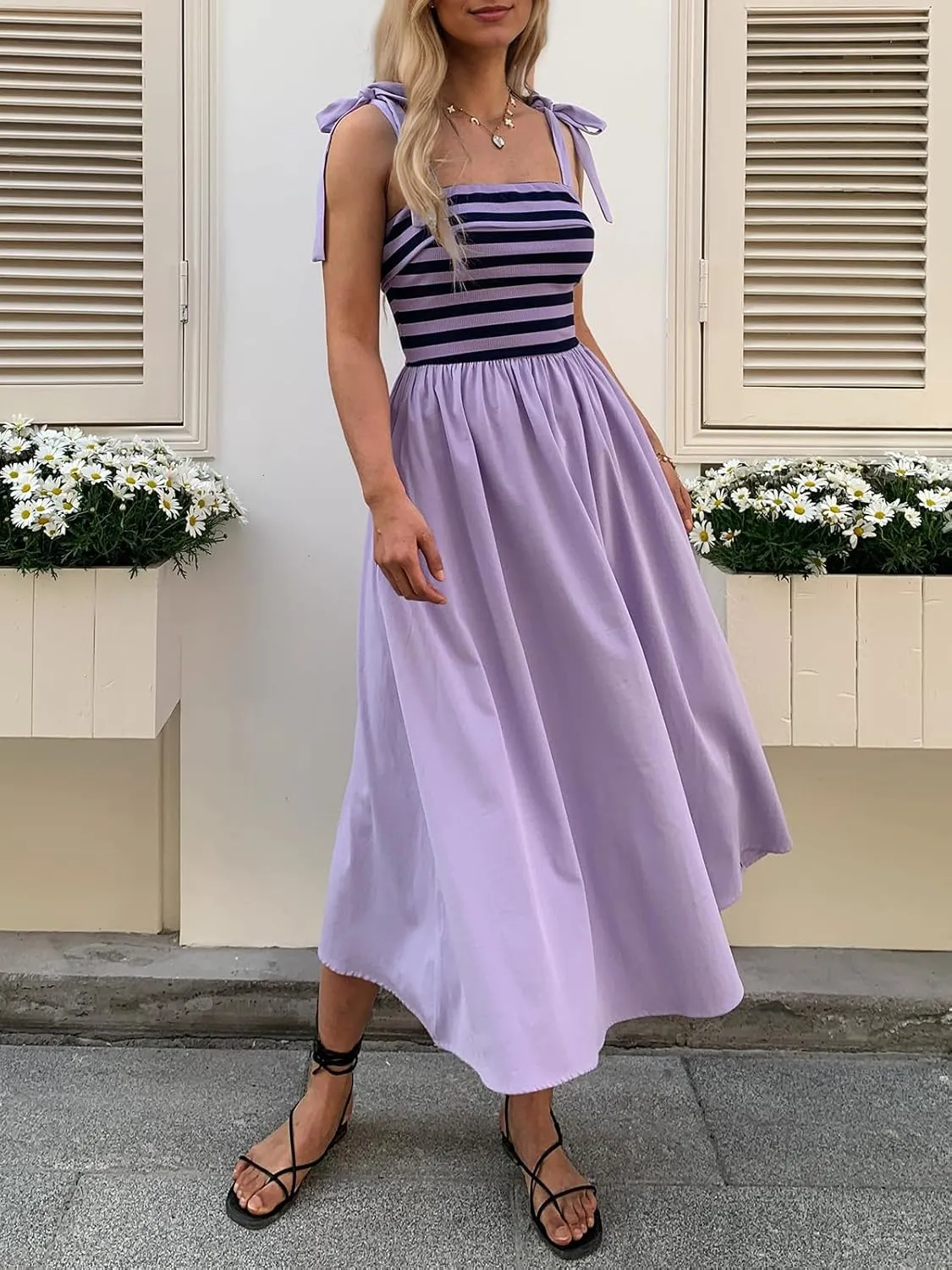 Women Summer Tie Spaghetti Strap Striped Dresses Sleeveless Stretch Flowy Maxi Sundress Beach Dress with Pockets