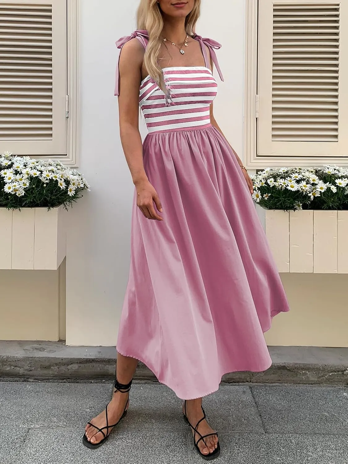 Women Summer Tie Spaghetti Strap Striped Dresses Sleeveless Stretch Flowy Maxi Sundress Beach Dress with Pockets