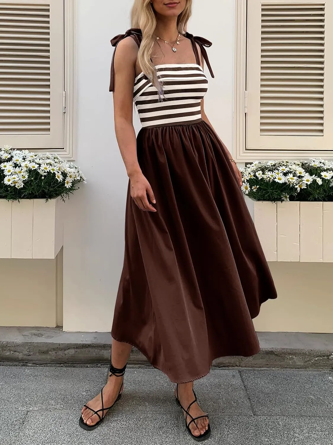 Women Summer Tie Spaghetti Strap Striped Dresses Sleeveless Stretch Flowy Maxi Sundress Beach Dress with Pockets