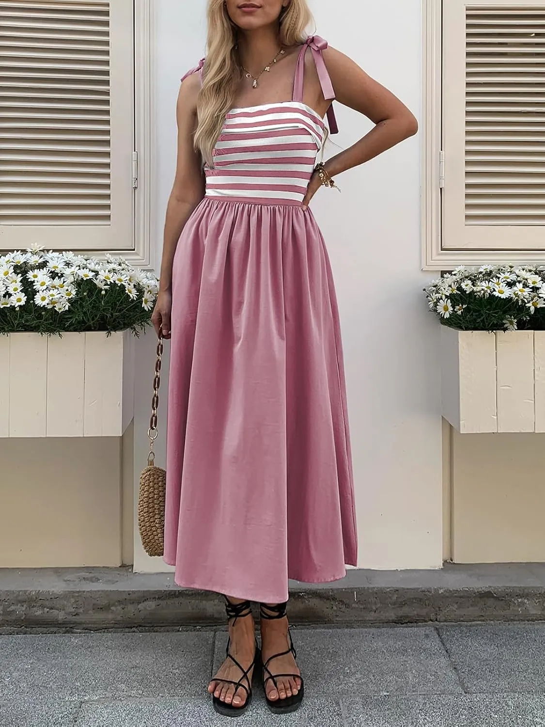 Women Summer Tie Spaghetti Strap Striped Dresses Sleeveless Stretch Flowy Maxi Sundress Beach Dress with Pockets