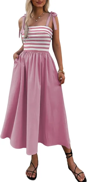 Women Summer Tie Spaghetti Strap Striped Dresses Sleeveless Stretch Flowy Maxi Sundress Beach Dress with Pockets