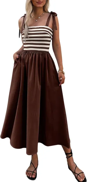 Women Summer Tie Spaghetti Strap Striped Dresses Sleeveless Stretch Flowy Maxi Sundress Beach Dress with Pockets
