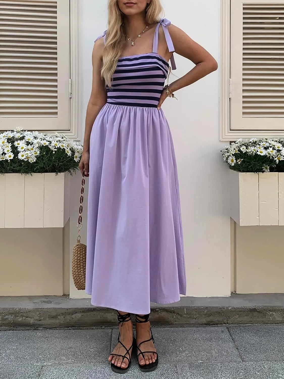Women Summer Tie Spaghetti Strap Striped Dresses Sleeveless Stretch Flowy Maxi Sundress Beach Dress with Pockets