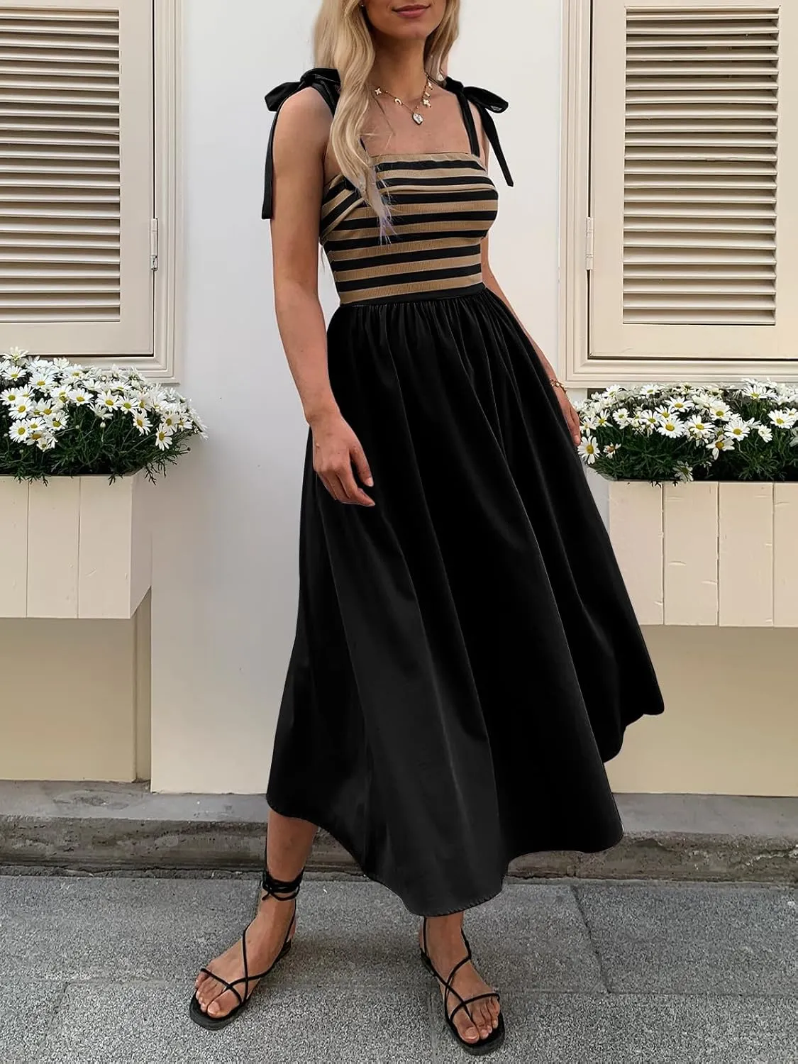 Women Summer Tie Spaghetti Strap Striped Dresses Sleeveless Stretch Flowy Maxi Sundress Beach Dress with Pockets