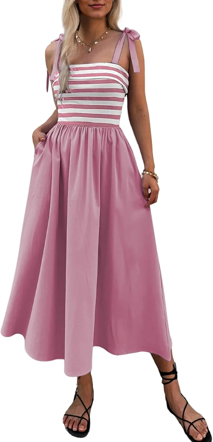 Women Summer Tie Spaghetti Strap Striped Dresses Sleeveless Stretch Flowy Maxi Sundress Beach Dress with Pockets