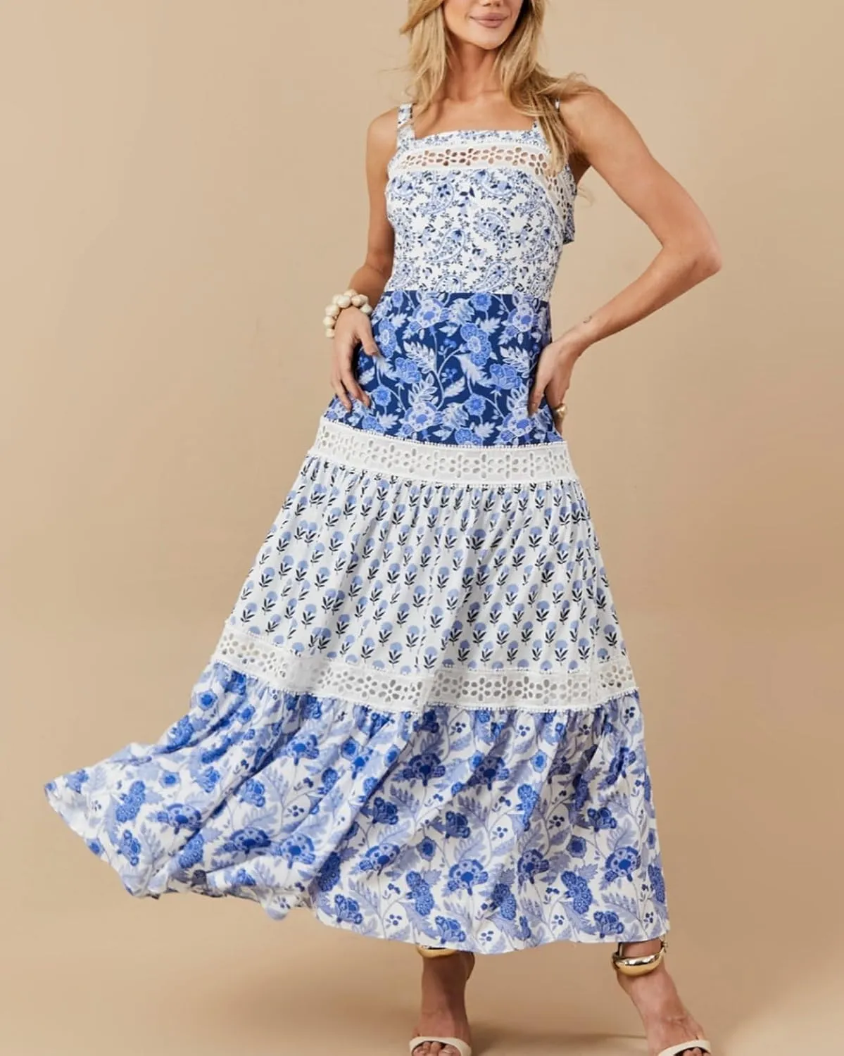 Women Y2k Patchwork Floral Maxi Dress Boho Smocked Tie Shoulder Long Sundress Flowy Summer Beach Vacation Dresses