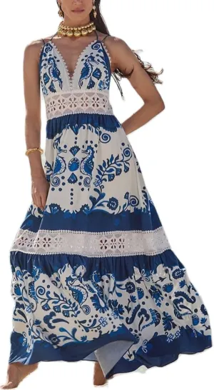 Women Y2k Patchwork Floral Maxi Dress Boho Smocked Tie Shoulder Long Sundress Flowy Summer Beach Vacation Dresses