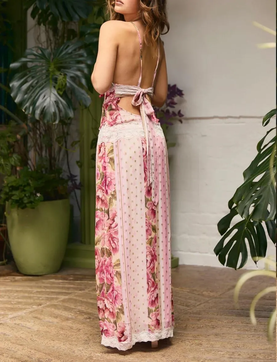 Women Y2k Patchwork Floral Maxi Dress Boho Smocked Tie Shoulder Long Sundress Flowy Summer Beach Vacation Dresses