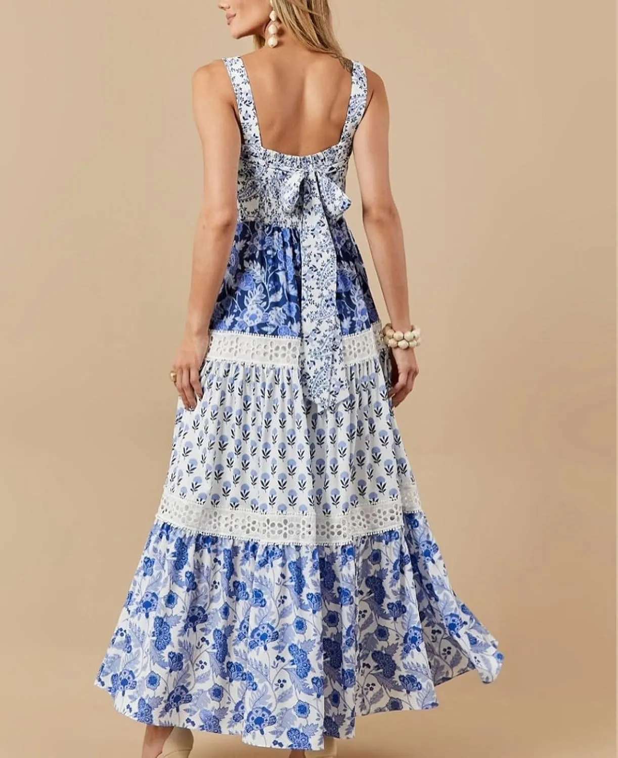 Women Y2k Patchwork Floral Maxi Dress Boho Smocked Tie Shoulder Long Sundress Flowy Summer Beach Vacation Dresses