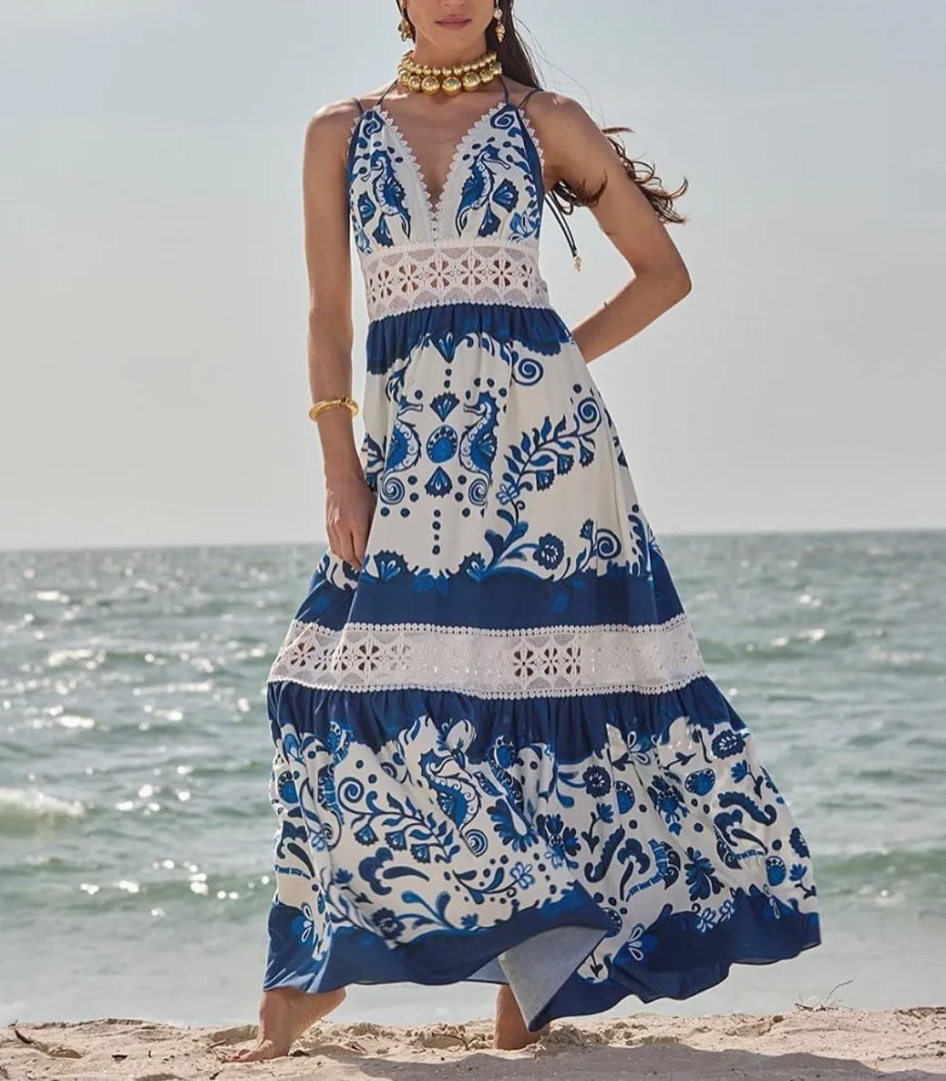 Women Y2k Patchwork Floral Maxi Dress Boho Smocked Tie Shoulder Long Sundress Flowy Summer Beach Vacation Dresses