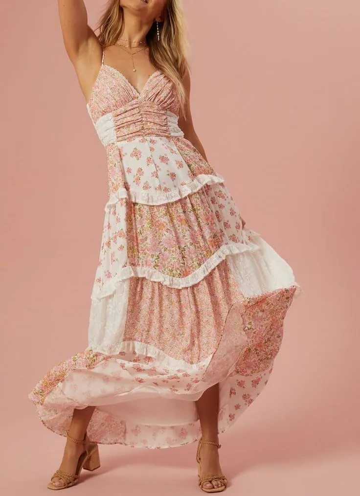 Women Y2k Patchwork Floral Maxi Dress Boho Smocked Tie Shoulder Long Sundress Flowy Summer Beach Vacation Dresses