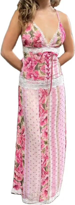 Women Y2k Patchwork Floral Maxi Dress Boho Smocked Tie Shoulder Long Sundress Flowy Summer Beach Vacation Dresses