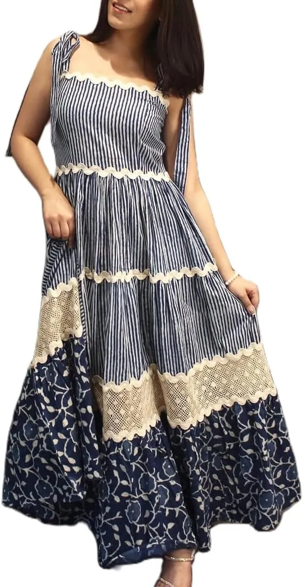 Women Y2k Patchwork Floral Maxi Dress Boho Smocked Tie Shoulder Long Sundress Flowy Summer Beach Vacation Dresses