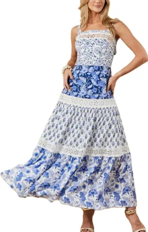 Women Y2k Patchwork Floral Maxi Dress Boho Smocked Tie Shoulder Long Sundress Flowy Summer Beach Vacation Dresses