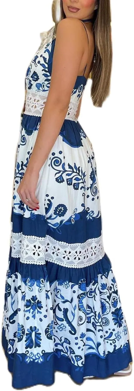 Women Y2k Patchwork Floral Maxi Dress Boho Smocked Tie Shoulder Long Sundress Flowy Summer Beach Vacation Dresses