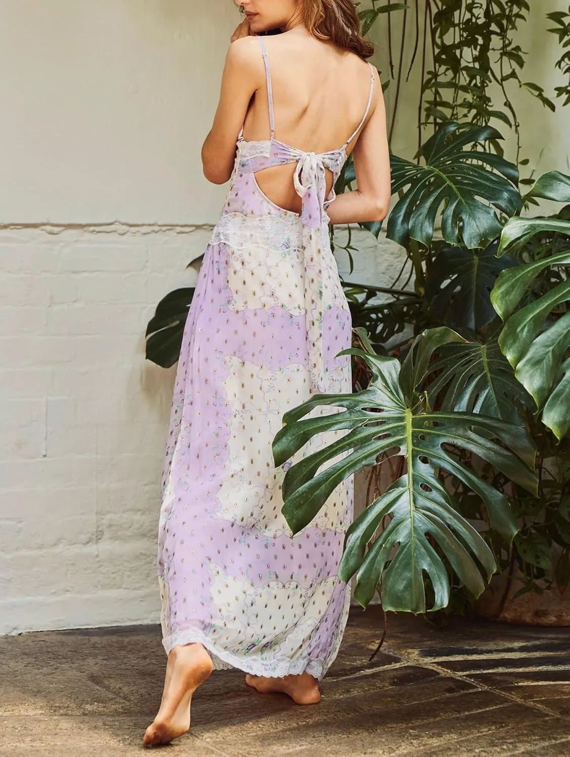 Women Y2k Patchwork Floral Maxi Dress Boho Smocked Tie Shoulder Long Sundress Flowy Summer Beach Vacation Dresses